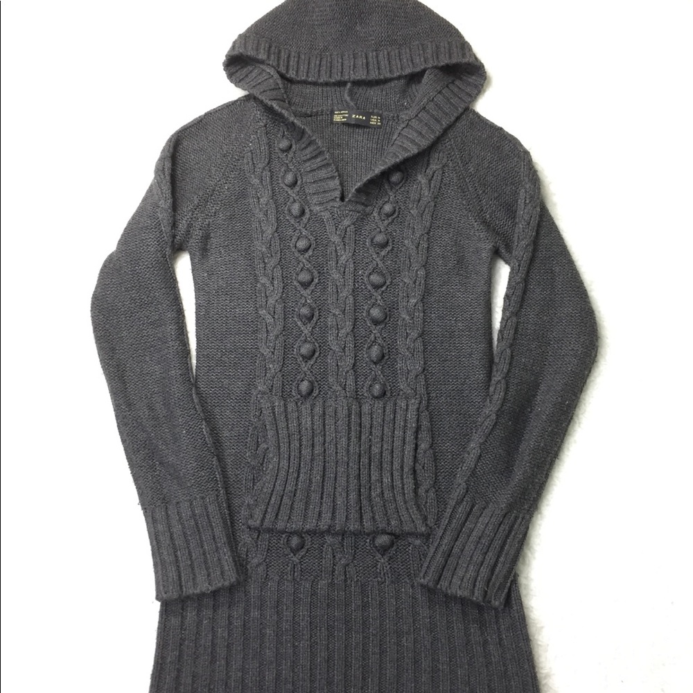 Zara Gray Cable Knit Hooded Sweater Dress MED